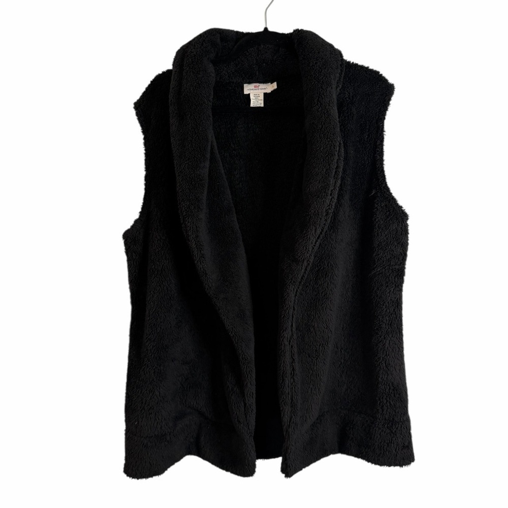 Vineyard Vines Black Sherpa Open Front Outerwear Vest Plushy Womens Sz Large